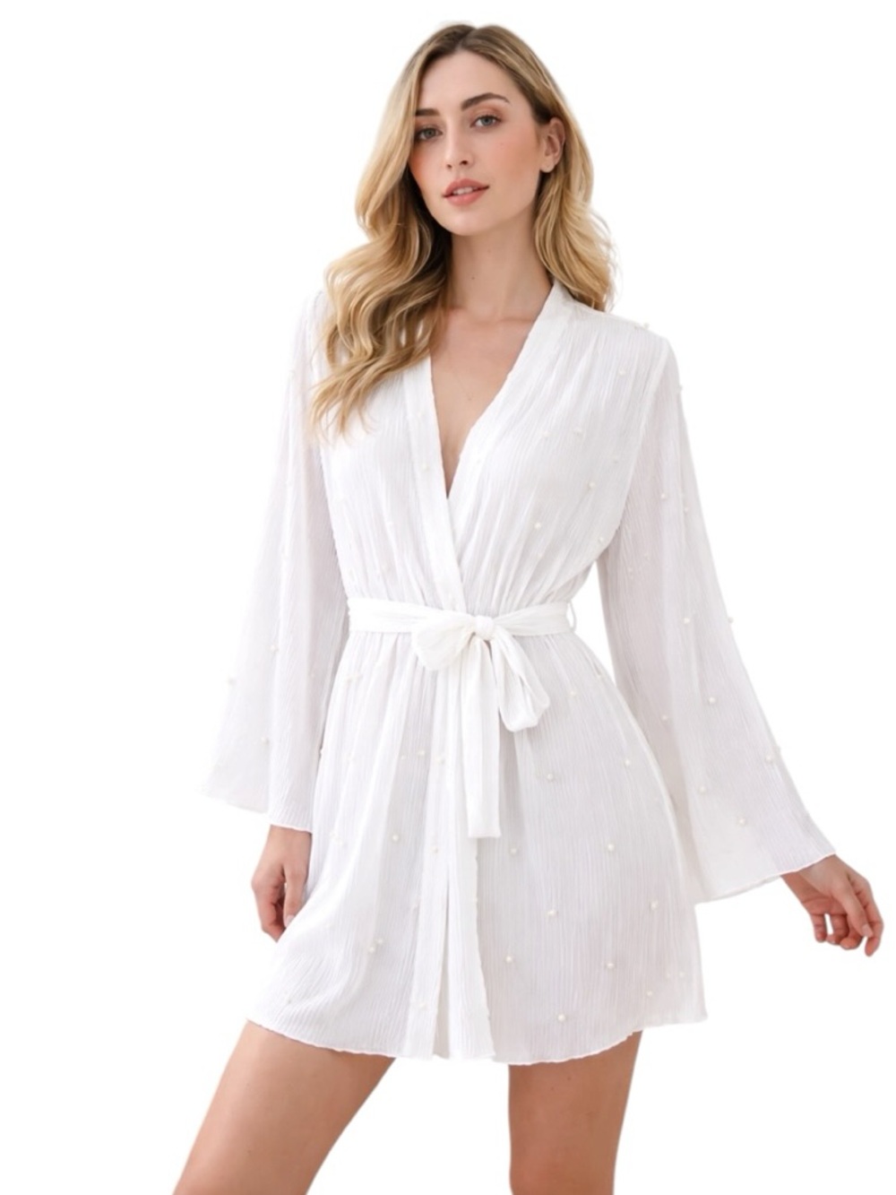 Waverles - NWT Paige Pearly Bridal Robe White Pearl Pleated Sz M/L